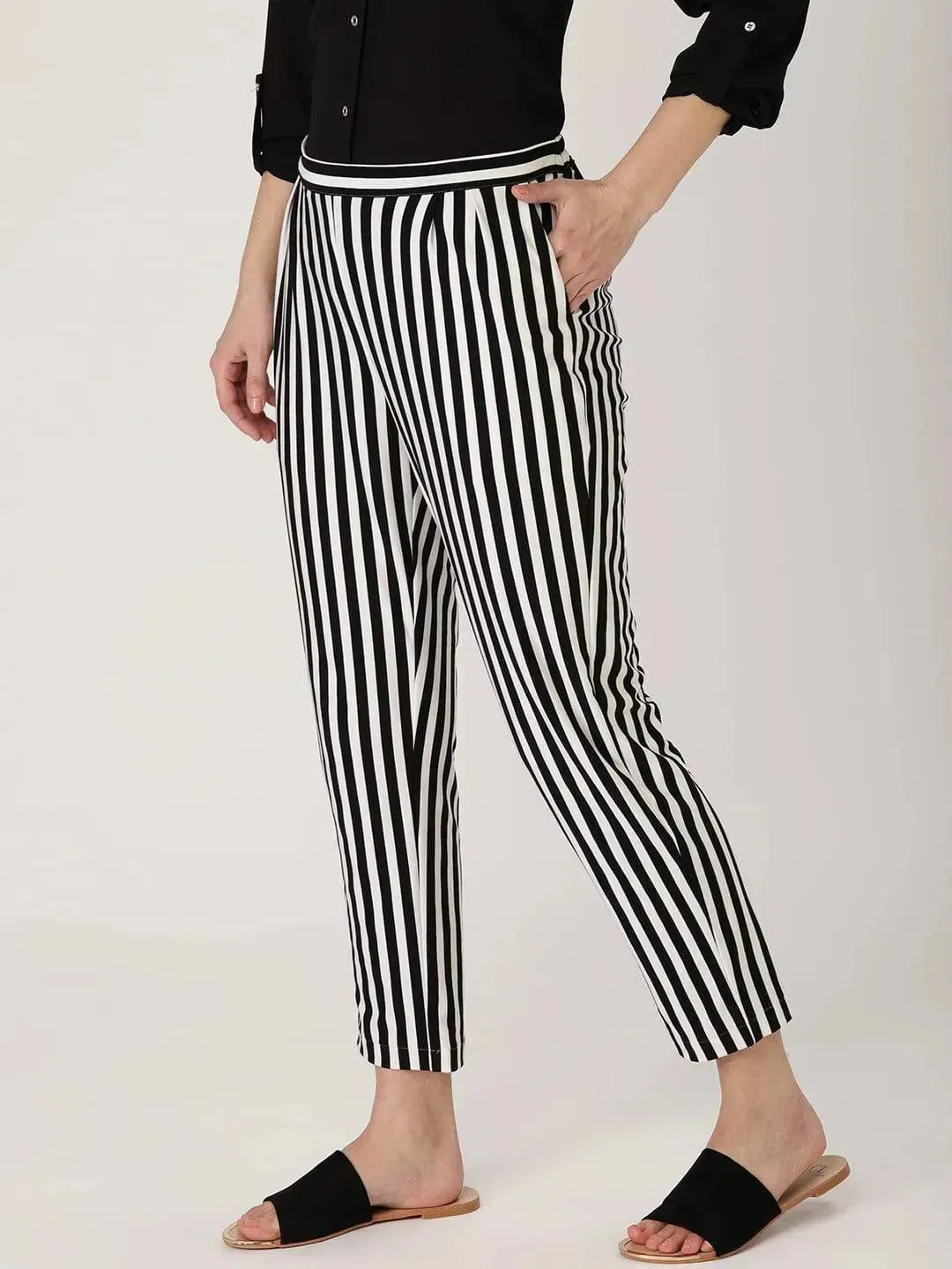 Black Striped Polyester Trousers
