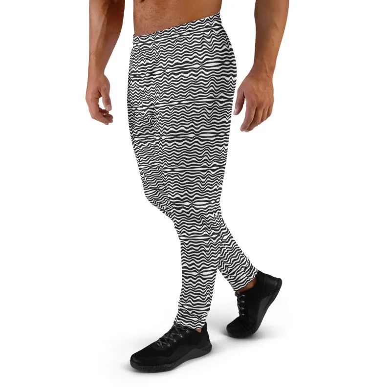Black White Curves Men's Joggers, Wavy Modern Abstract Sweatpants For Men-Made in EU/MX