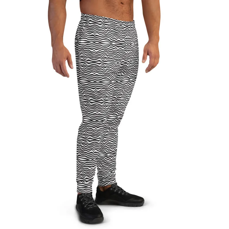 Black White Curves Men's Joggers, Wavy Modern Abstract Sweatpants For Men-Made in EU/MX
