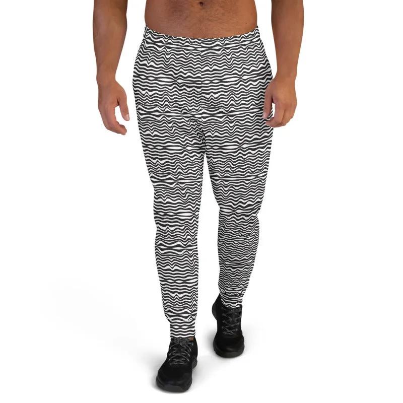 Black White Curves Men's Joggers, Wavy Modern Abstract Sweatpants For Men-Made in EU/MX