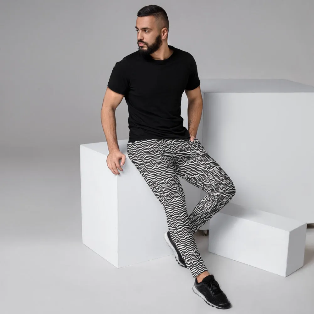 Black White Curves Men's Joggers, Wavy Modern Abstract Sweatpants For Men-Made in EU/MX