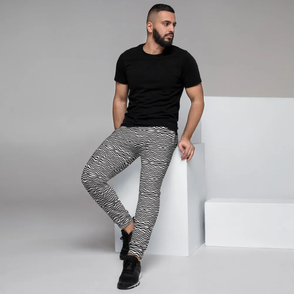 Black White Curves Men's Joggers, Wavy Modern Abstract Sweatpants For Men-Made in EU/MX