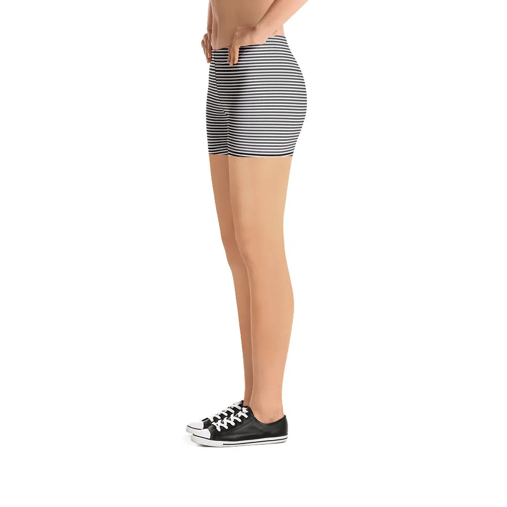Black White Striped Women's Shorts, Best Horizontal Stripes Circus Tights-Made in USA/EU/MX
