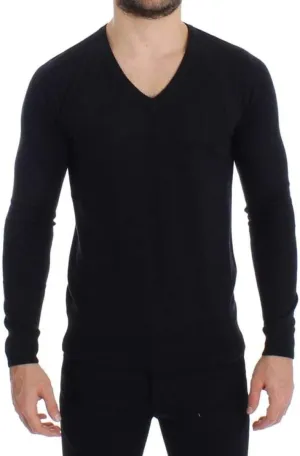 Black Wool Blend Mens V-neck Pullover Sweater