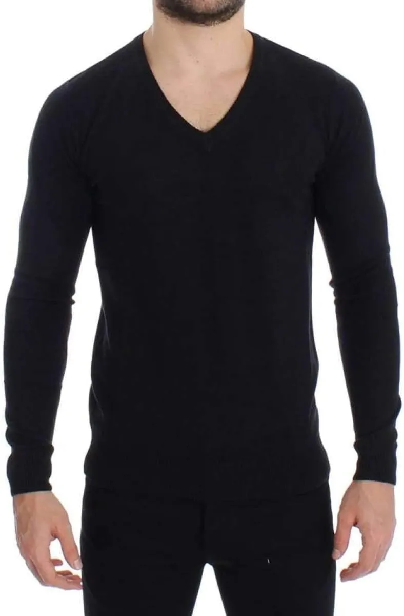 Black Wool Blend Mens V-neck Pullover Sweater