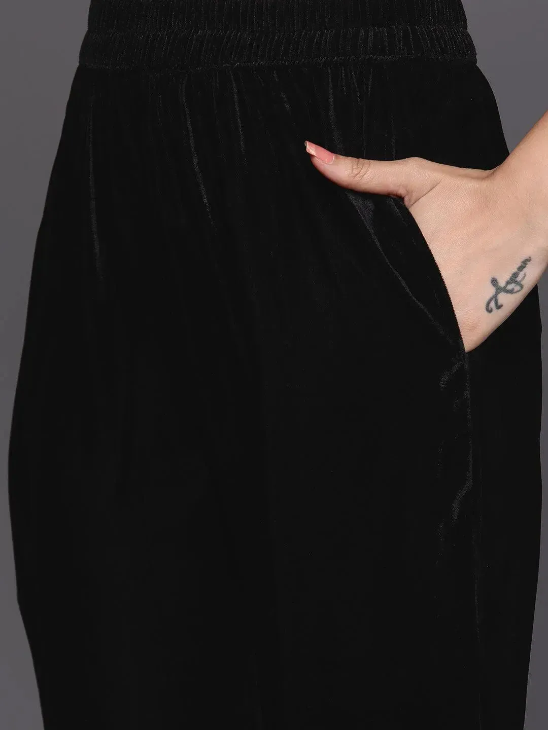 Black Yoke Design Velvet Straight Kurta With Dupatta