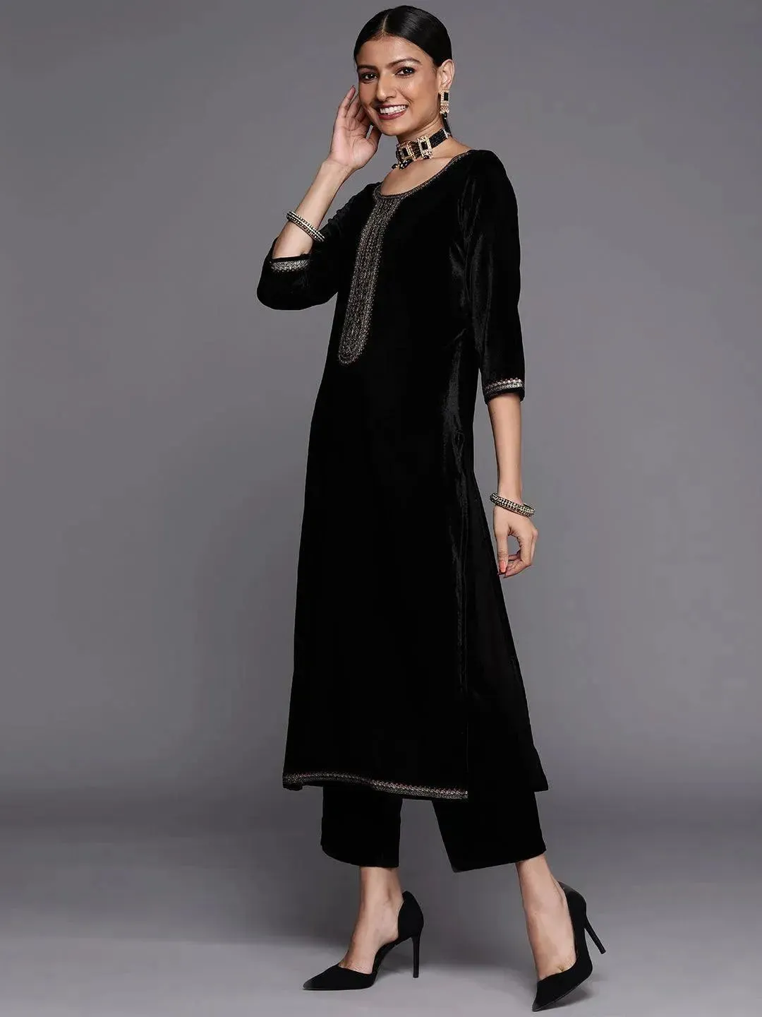 Black Yoke Design Velvet Straight Kurta With Dupatta
