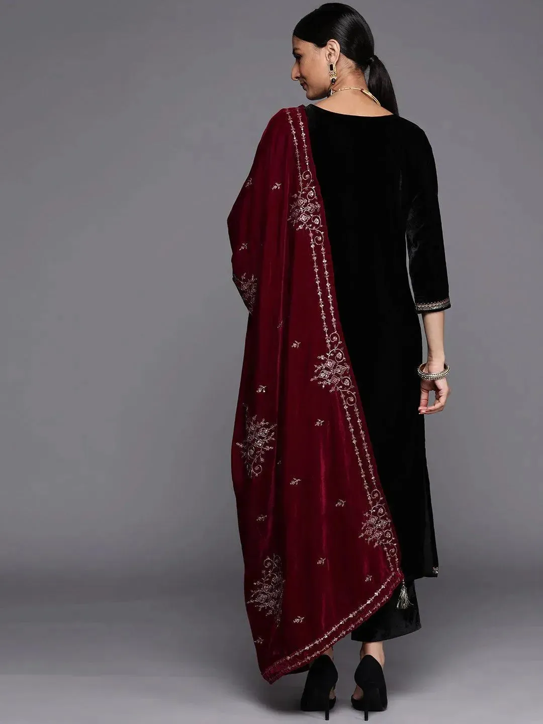 Black Yoke Design Velvet Straight Kurta With Dupatta
