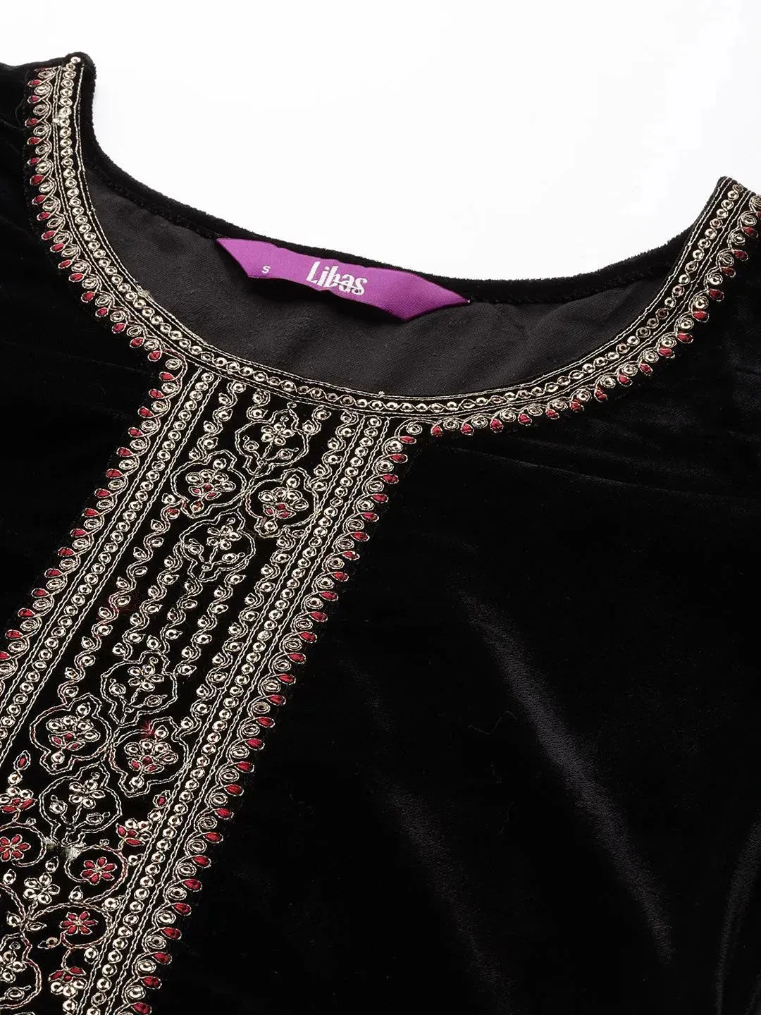 Black Yoke Design Velvet Straight Kurta With Dupatta