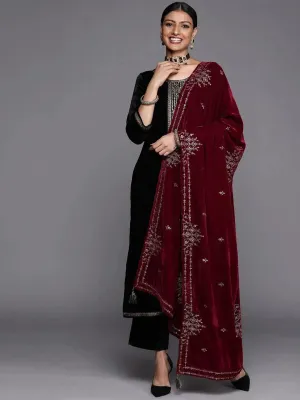 Black Yoke Design Velvet Straight Kurta With Dupatta