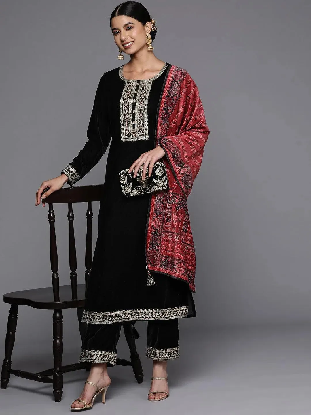 Black Yoke Design Velvet Straight Kurta With Trousers & Dupatta