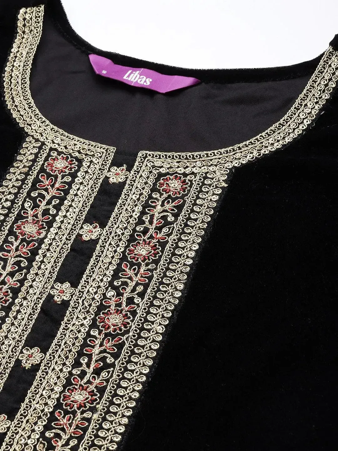 Black Yoke Design Velvet Straight Kurta With Trousers & Dupatta