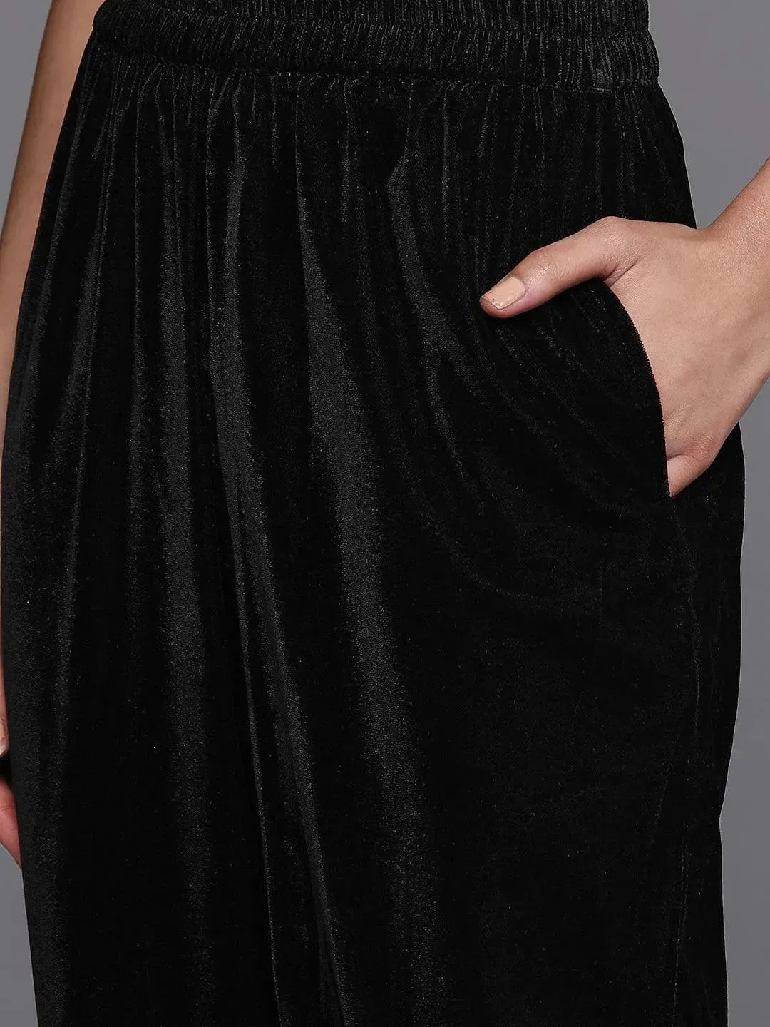 Black Yoke Design Velvet Straight Kurta With Trousers & Dupatta