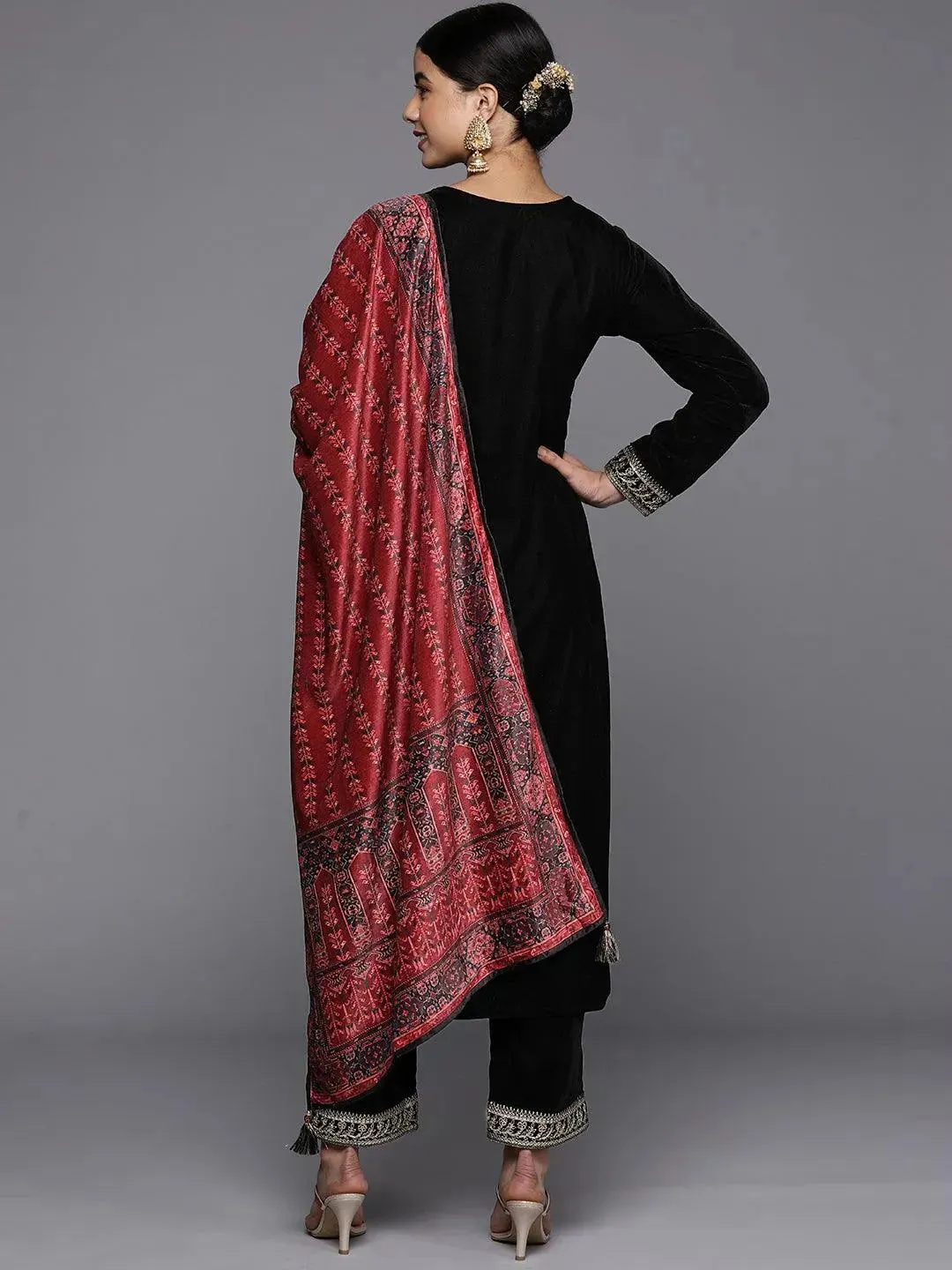 Black Yoke Design Velvet Straight Kurta With Trousers & Dupatta