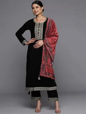 Black Yoke Design Velvet Straight Kurta With Trousers & Dupatta