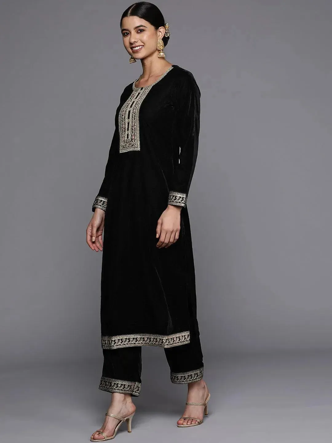 Black Yoke Design Velvet Straight Kurta With Trousers & Dupatta