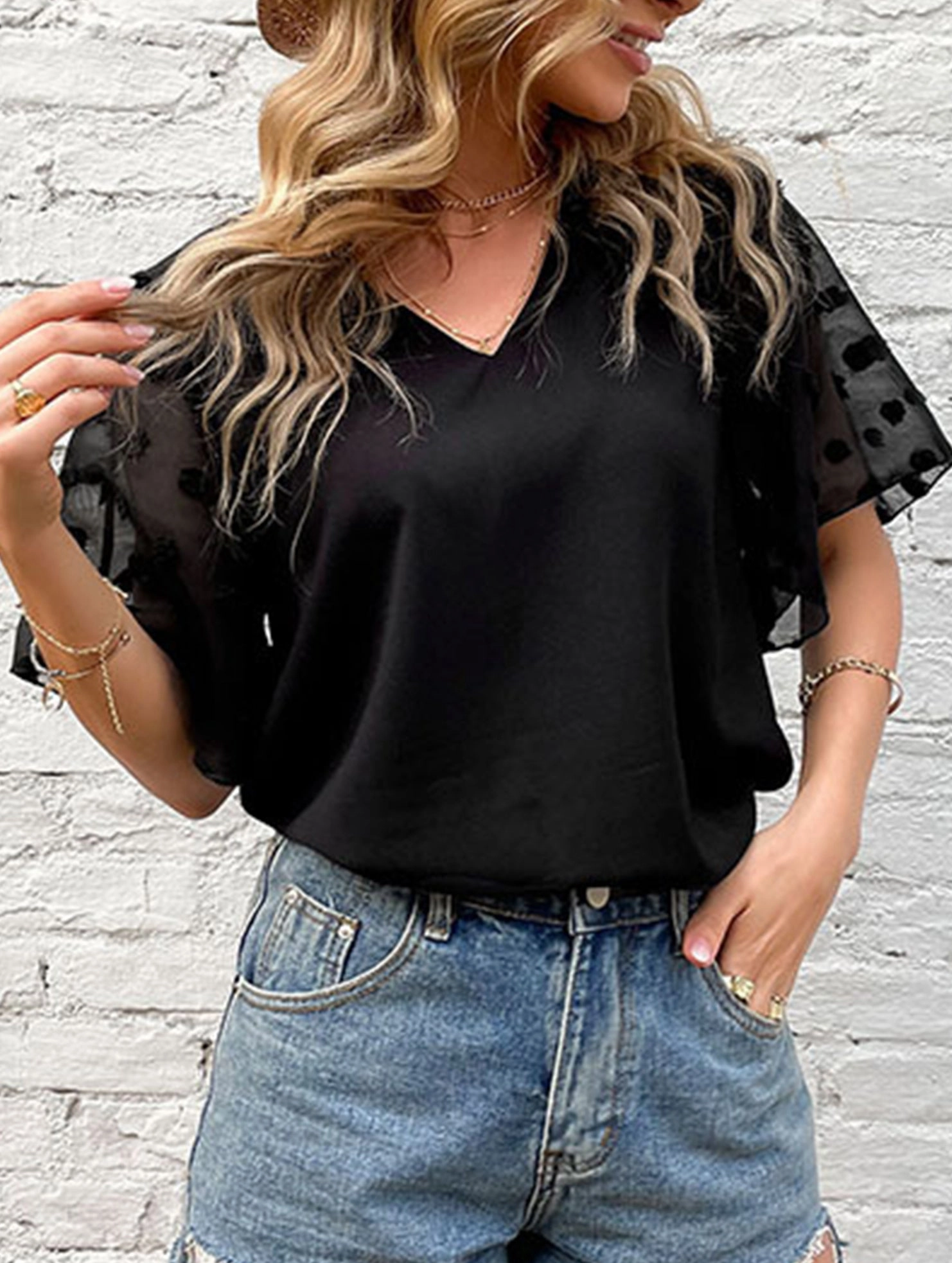 BLACK V-NECK GAUZE SEE-THROUGH BLOUSE_CWTBLS0874 Low Profile Zipper Closure Durable Interlock Stitch