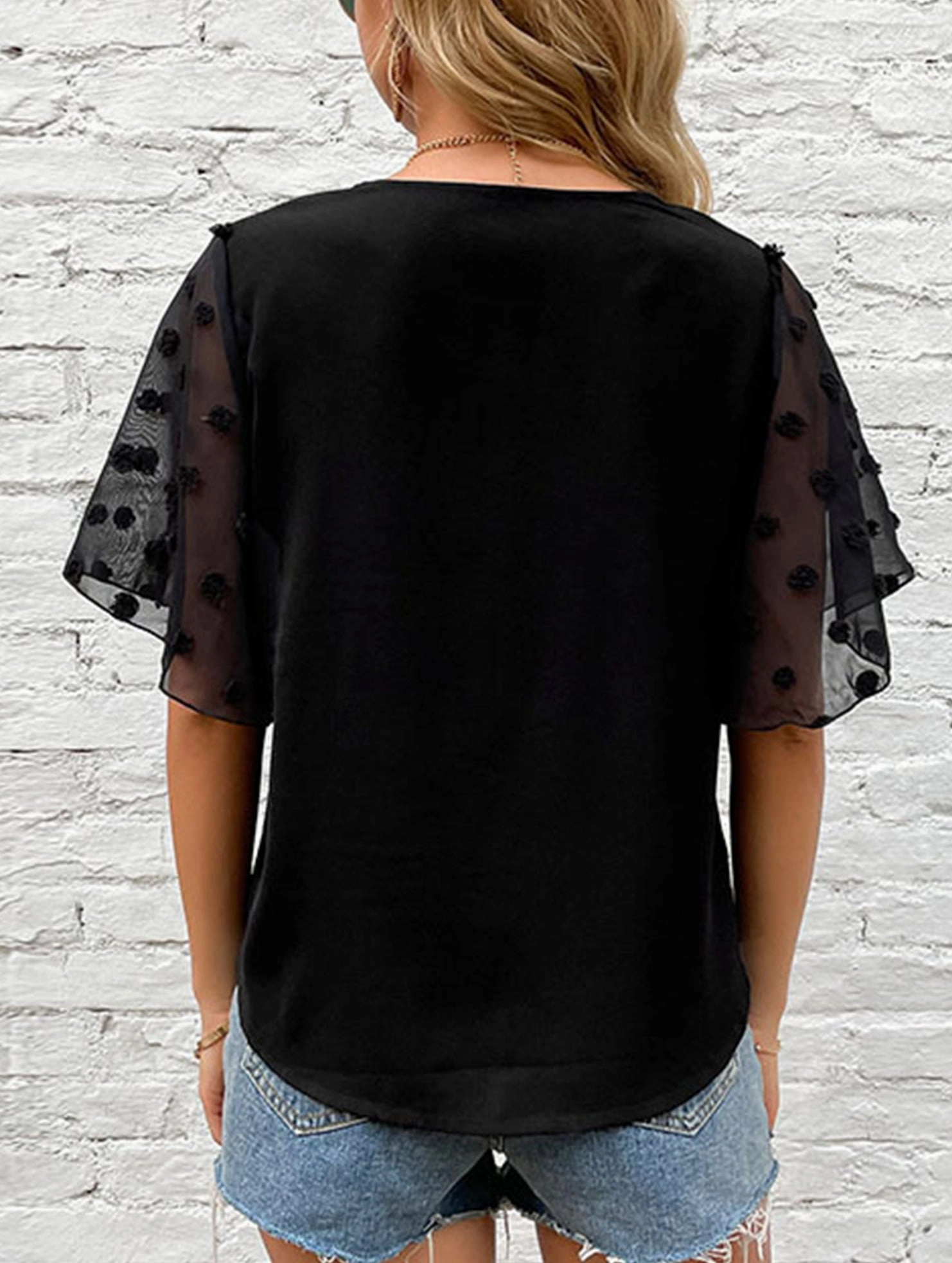 HeatSealed Seams Microfiber texture BLACK V-NECK GAUZE SEE-THROUGH BLOUSE_CWTBLS0874