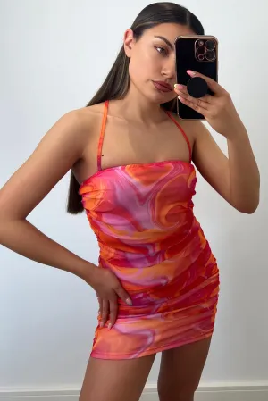 Blakely Orange Printed Mesh Ruched Mini Dress