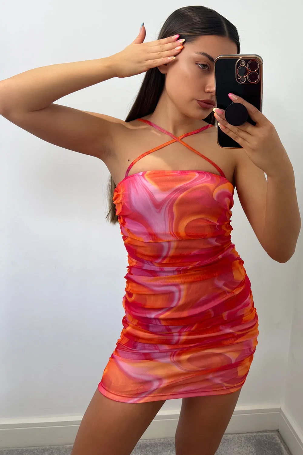 Blakely Orange Printed Mesh Ruched Mini Dress