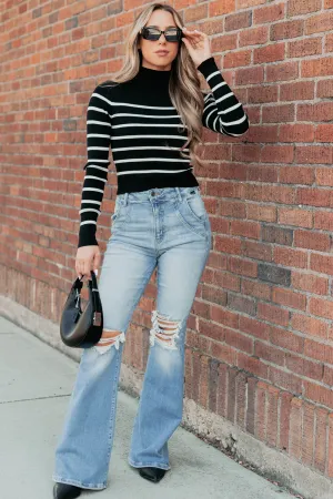 FlexibleRibbing Blissful Rest Striped Mock Neck Sweater Top (Black/Cream)