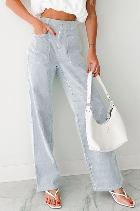 Bloom Society Pinstripe Straight Leg Pants (Ivory/Blue) ReinforcedBeltLoops
