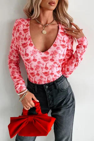 Durable Interlock Stitch Blooming Within NM Original Printed V-Neck Bodysuit (Pink/Red)