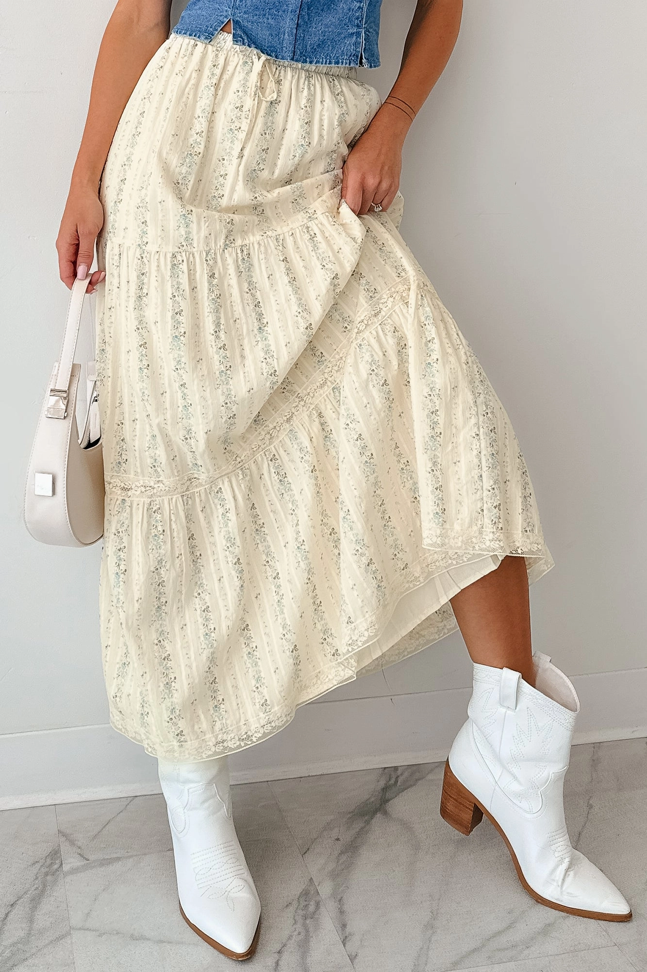 Casual Wear On-The-Go Outfit Blossom Babe Floral Tiered Maxi Skirt (Ivory)