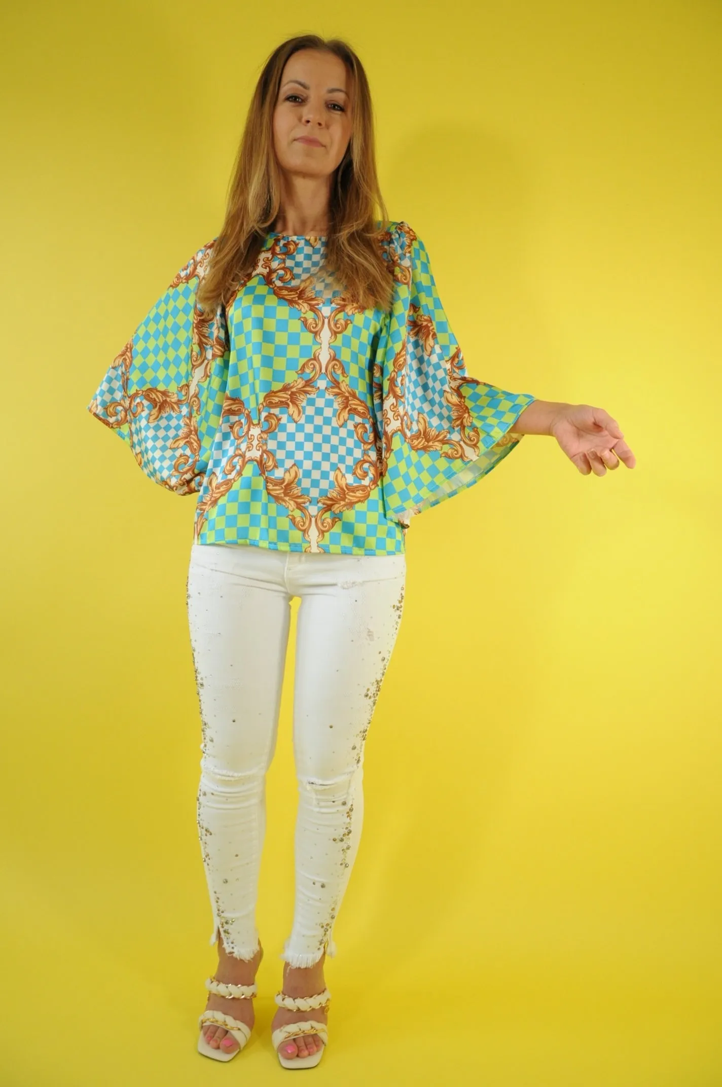 Blue & green barocco print satin batwing blouse