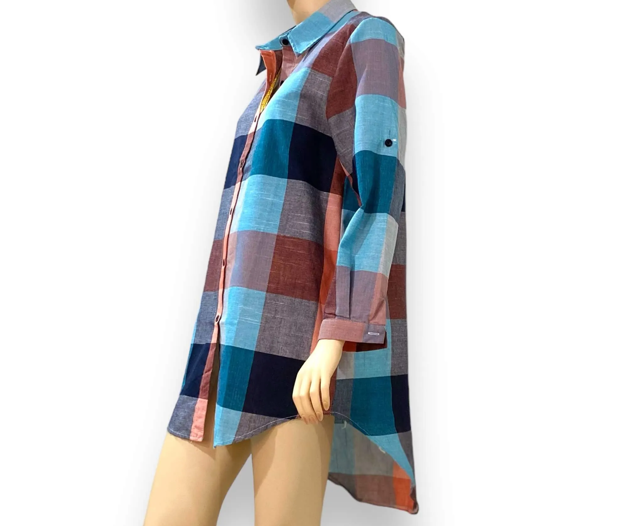 Blue Checkered Cotton Shirt Dress