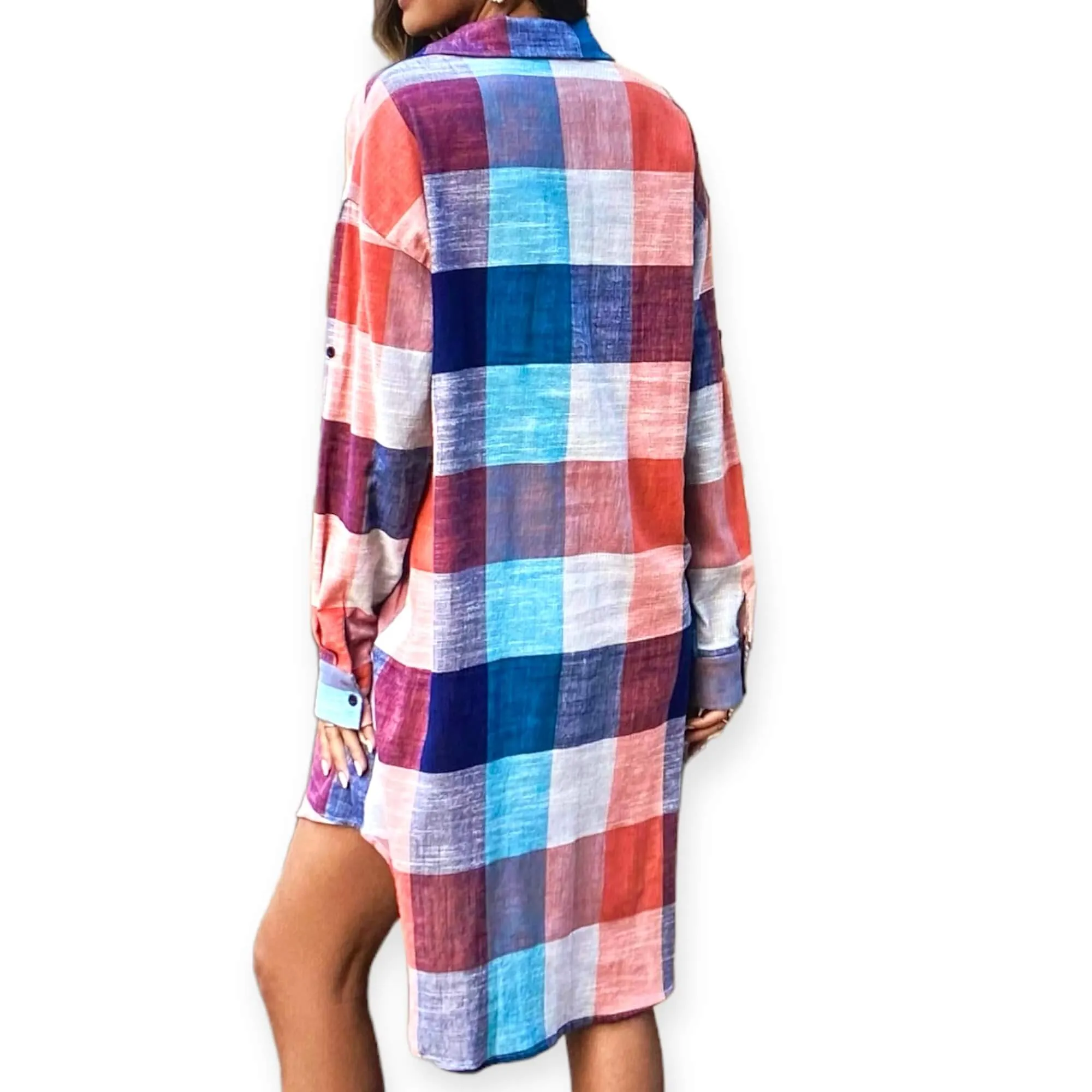 Blue Checkered Cotton Shirt Dress