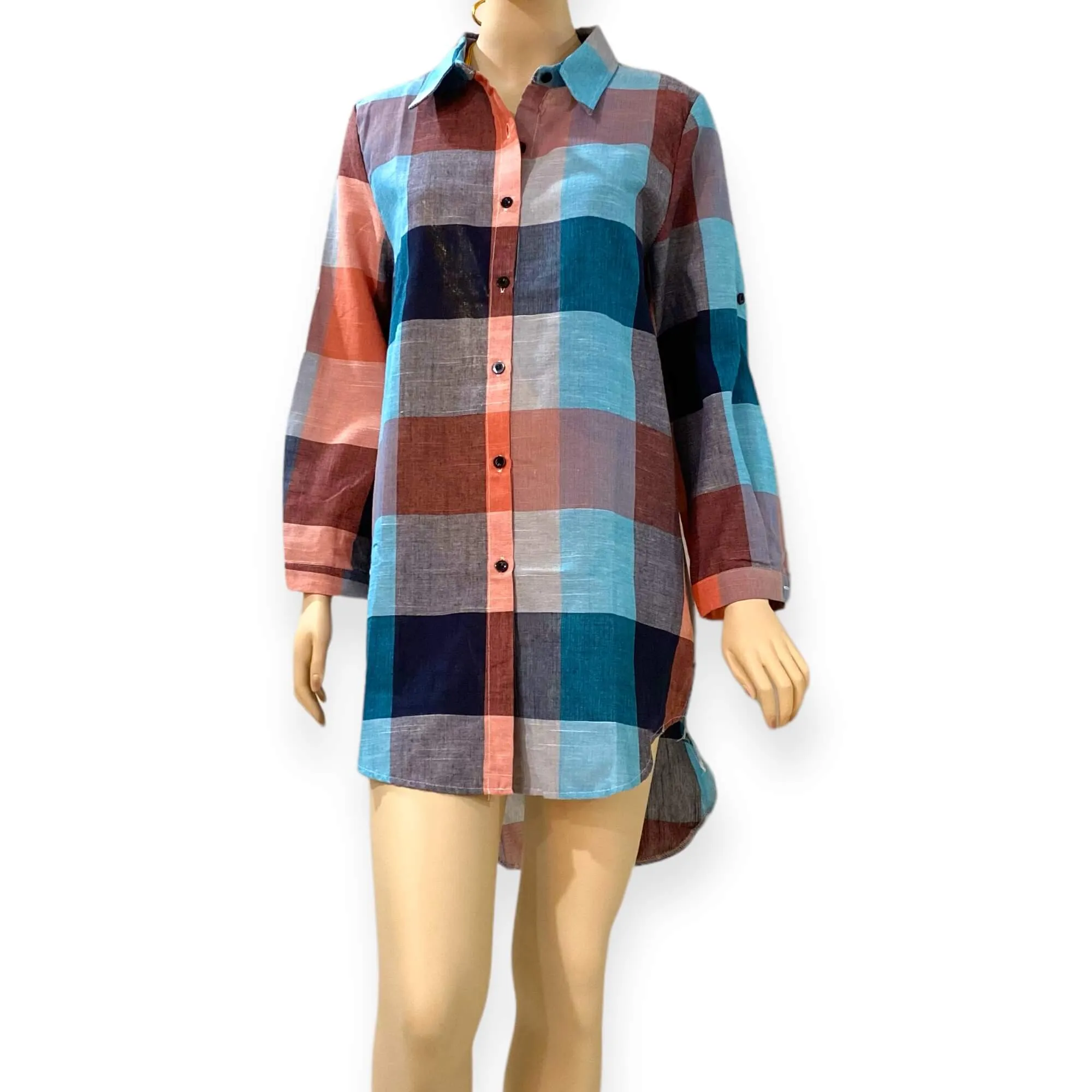 Blue Checkered Cotton Shirt Dress