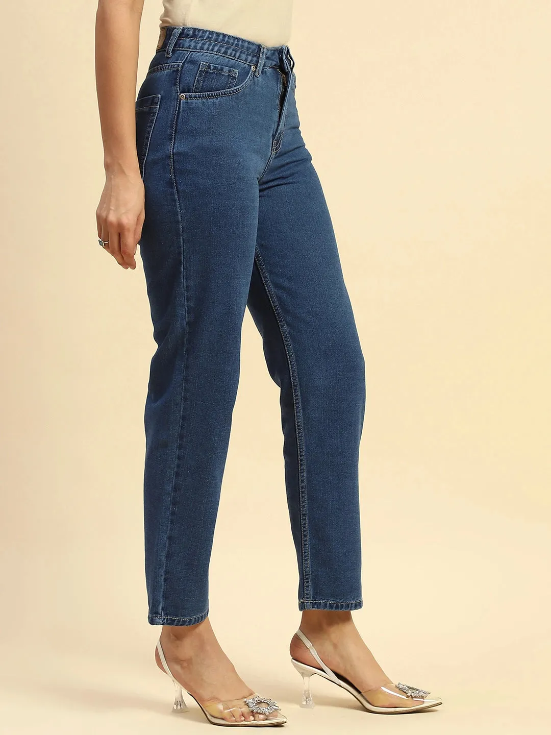 Blue Cotton Blend Mom Fit Jeans For Women