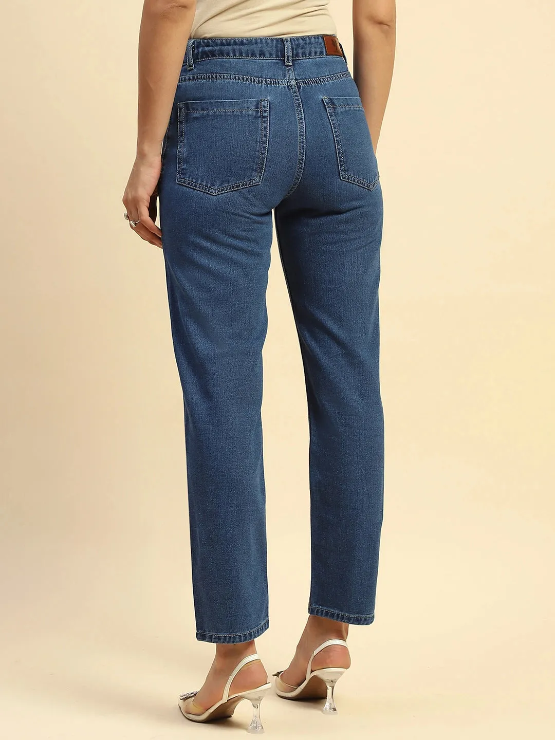 Blue Cotton Blend Mom Fit Jeans For Women