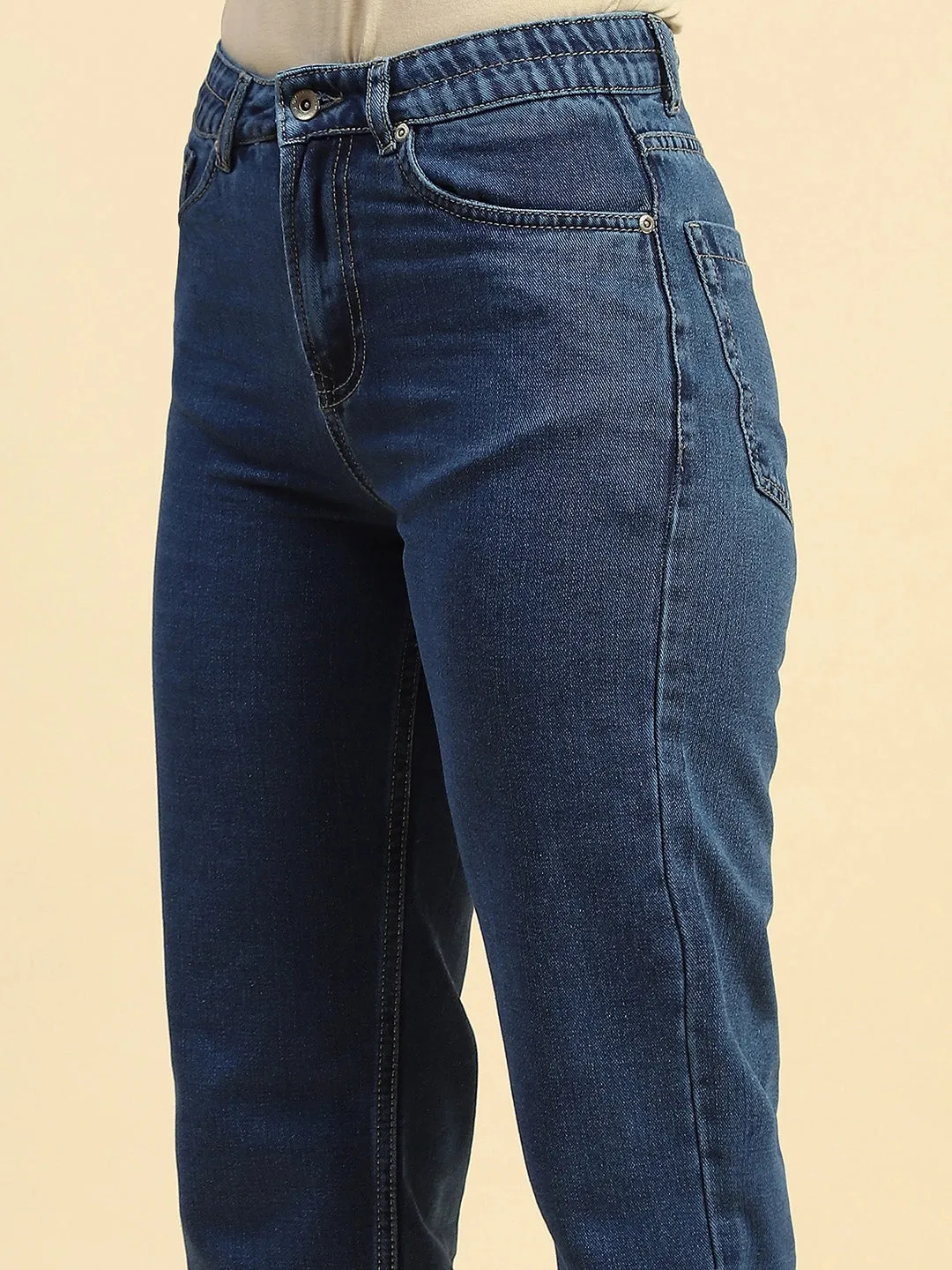 Blue Cotton Blend Mom Fit Jeans For Women