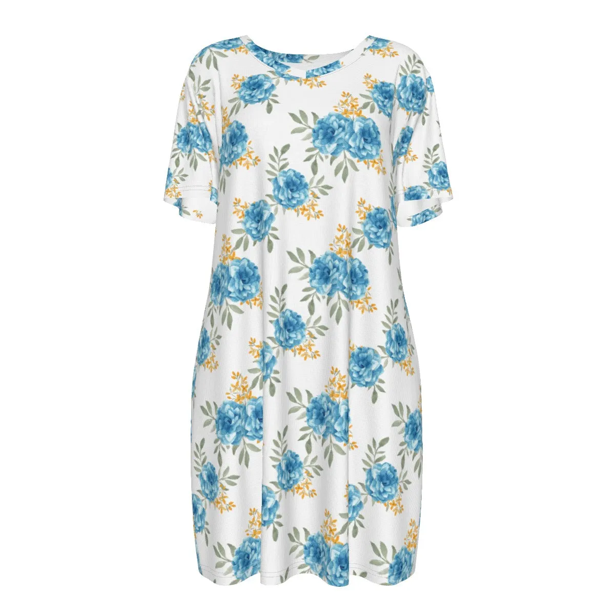 Blue Floral Cotton Bohemian Women Dress 