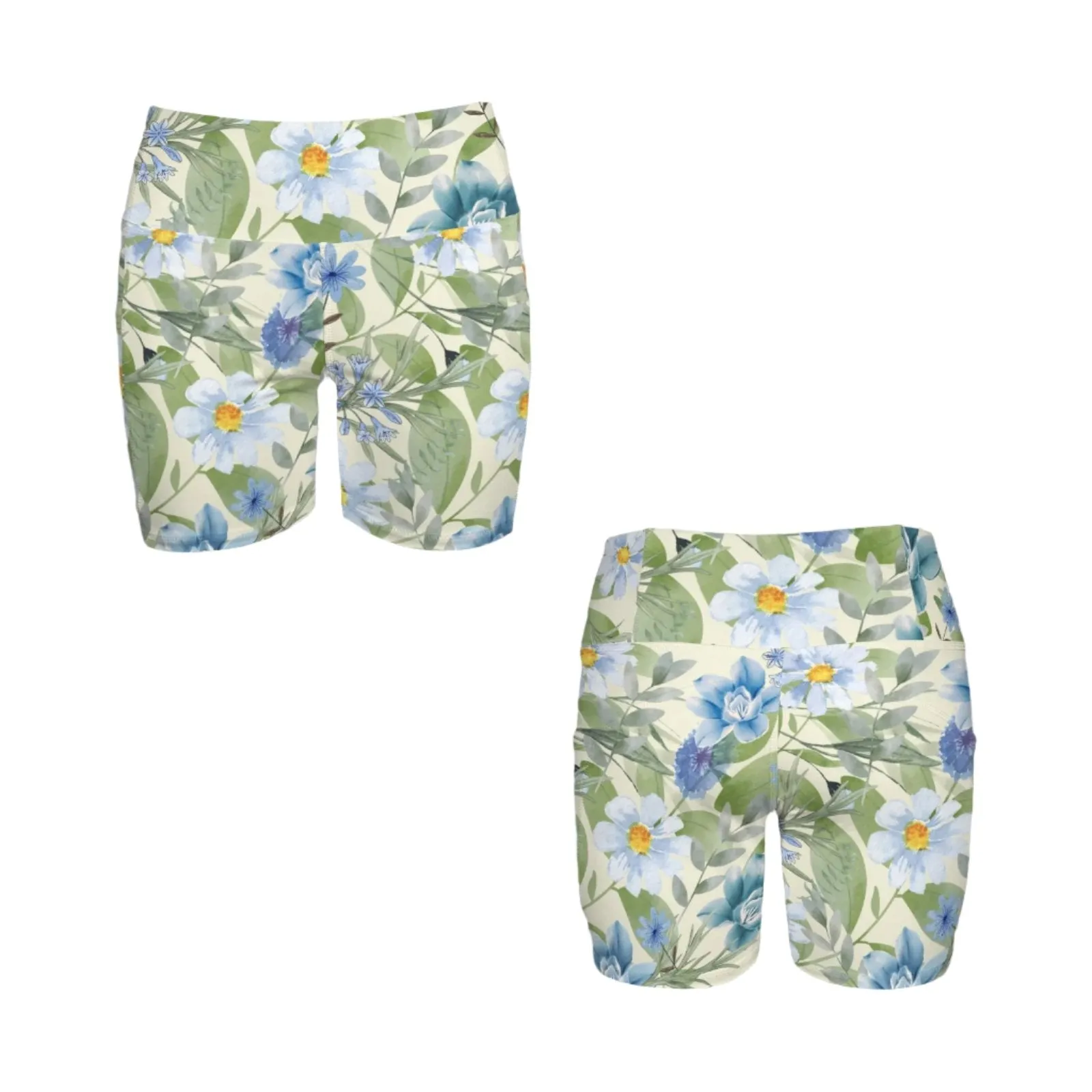 Blue Floral Yoga Shorts with Pockets up to 5 XL (FWS)