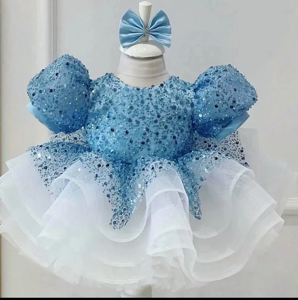 Blue Fluffy Tired Knee Length Tutu Birthday Party Dress for Girls