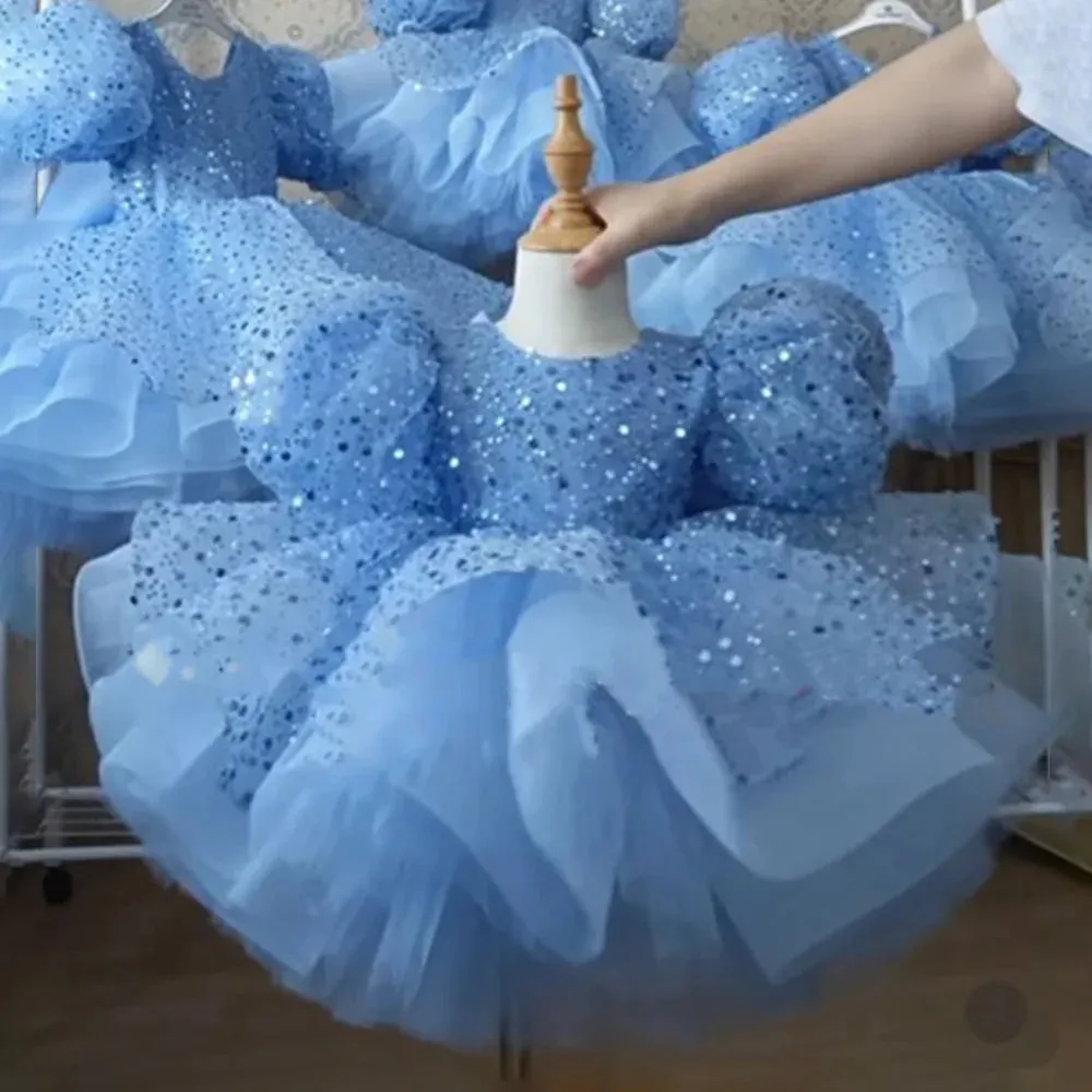 Blue Fluffy Tired Knee Length Tutu Birthday Party Dress for Girls