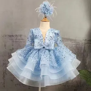 Blue Fluffy Tired Knee Length Tutu Birthday Party Dress for Girls