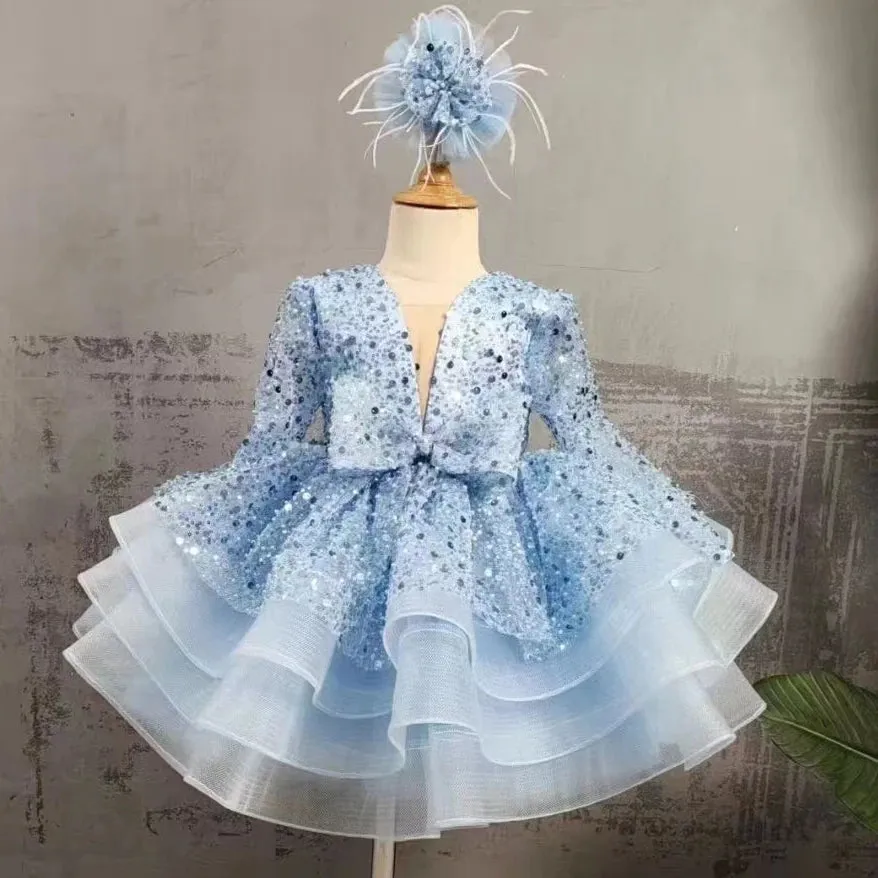 Blue Fluffy Tired Knee Length Tutu Birthday Party Dress for Girls