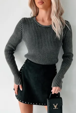 Breathable mesh panel Wrinkle Resistant Blurring The Lines Mineral Wash Rib Knit Sweater Top (Black)