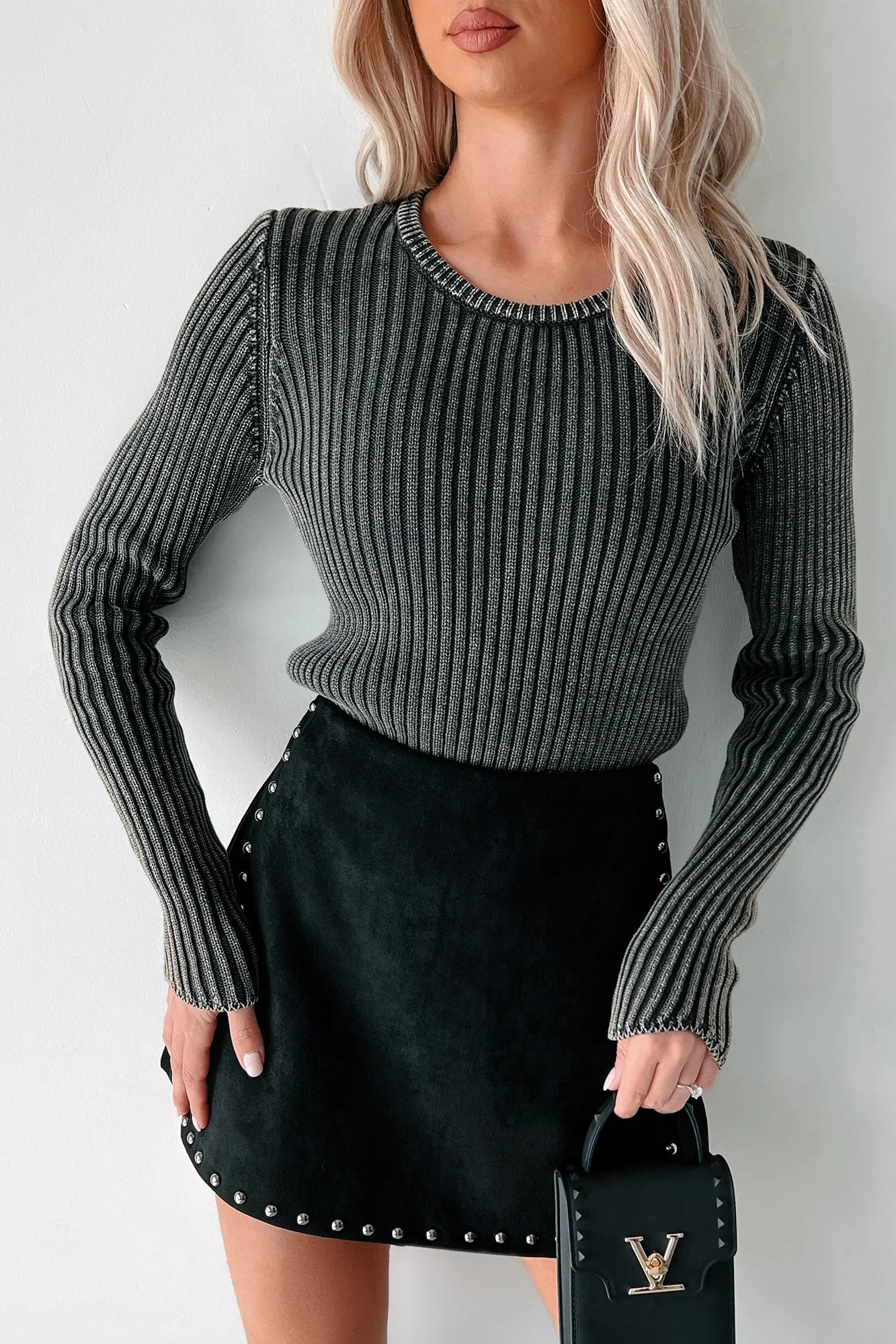 Breathable mesh panel Wrinkle Resistant Blurring The Lines Mineral Wash Rib Knit Sweater Top (Black)