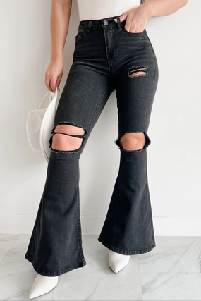 Sporty Comfort Fit Double Layered Hem Finnick High Rise Distressed Indigo Reign Flare Jeans (Black)