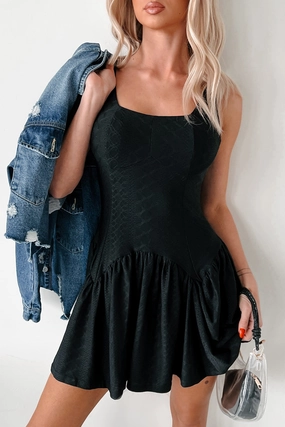 Daily Mood Weekend Casual Cutie On The Loose Textured Mini Dress (Black)