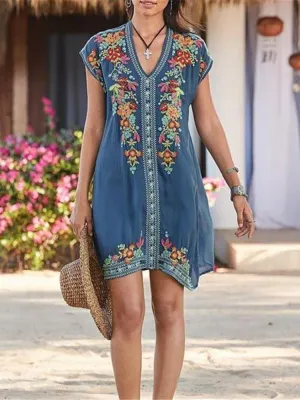 Bohemian Embroidery Blue Short Dress