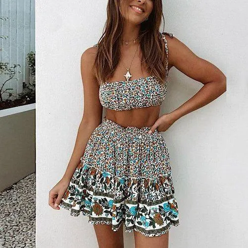 Bohemian Floral Print Camisole Top Ruffles Mini Skirt Set
