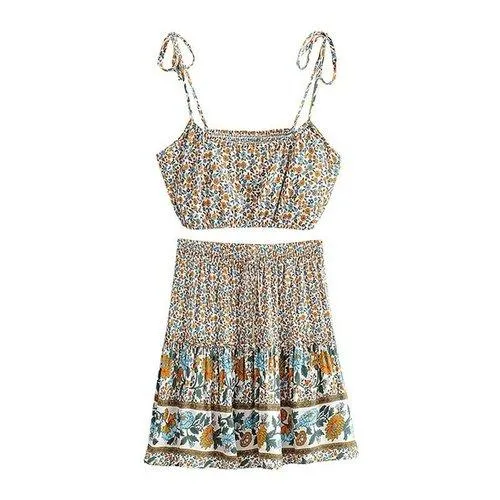 Bohemian Floral Print Camisole Top Ruffles Mini Skirt Set