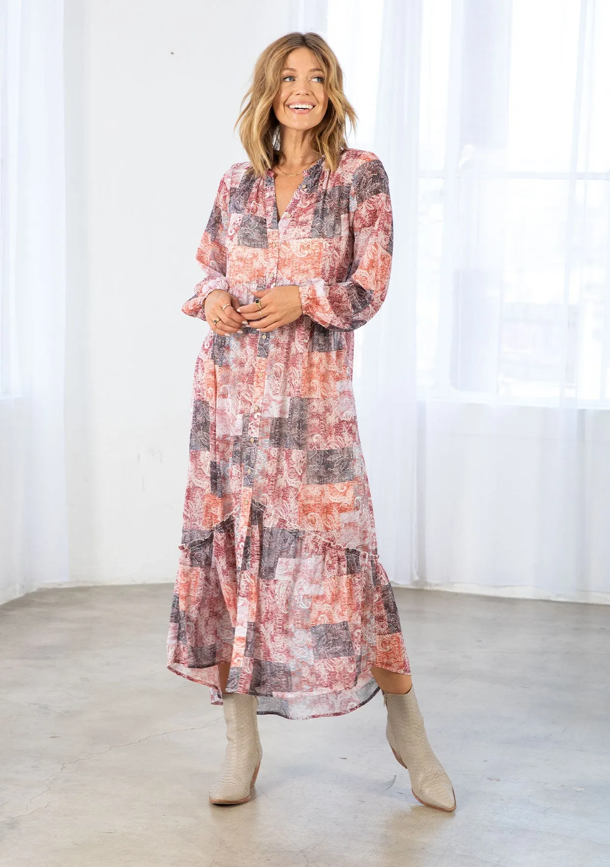 Bohemian Patchwork Print Long Sleeve Maxi Dress