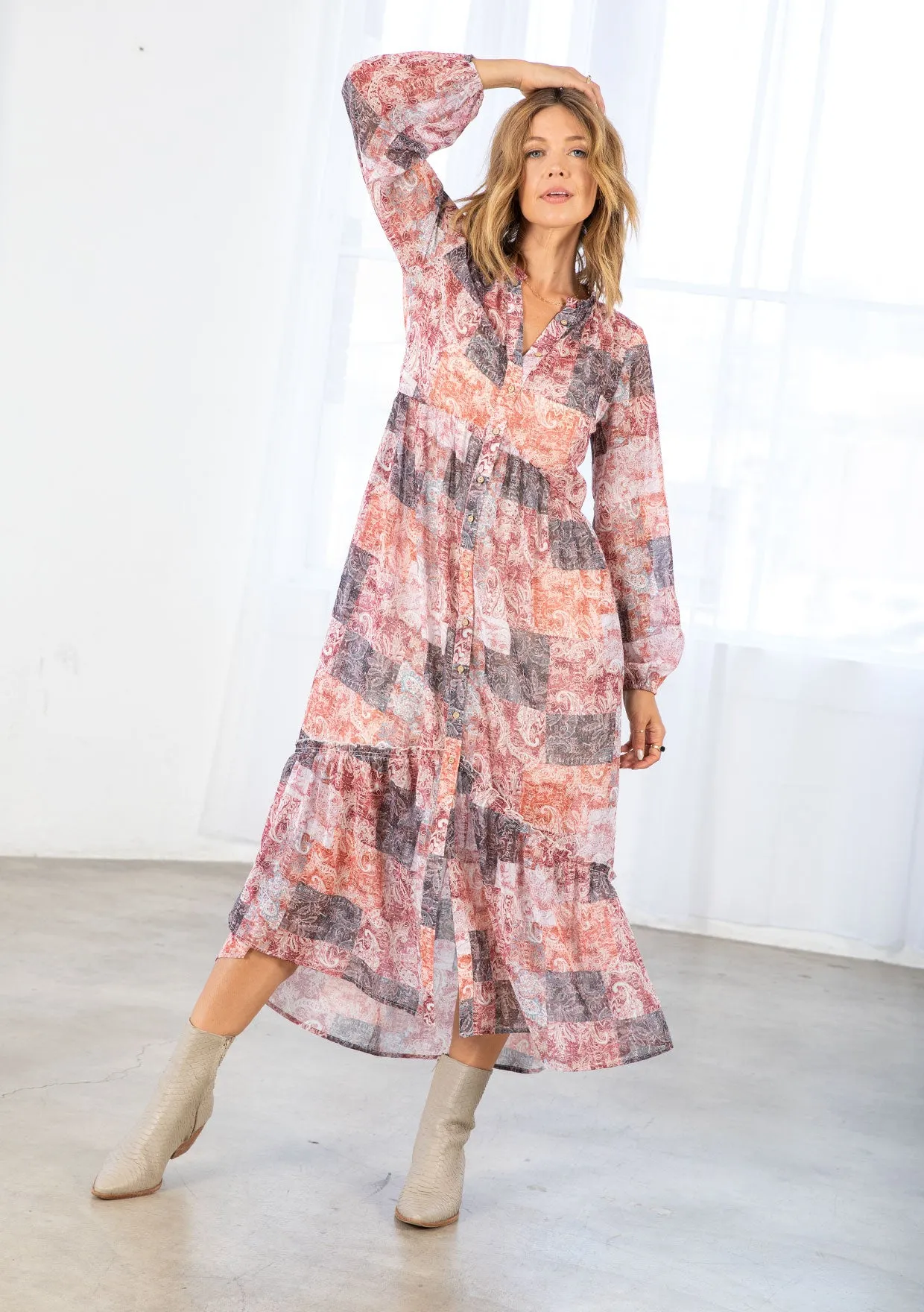 Bohemian Patchwork Print Long Sleeve Maxi Dress